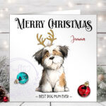 personalised doodle dog with antlers and baubles christmas card lots of dog breeds