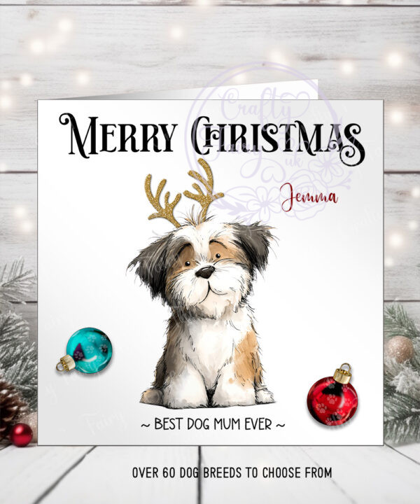 personalised doodle dog with antlers and baubles christmas card lots of dog breeds