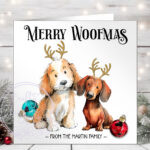 personalised doodle dog with antlers and baubles christmas card lots of dog breeds