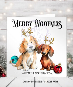 personalised doodle dog with antlers and baubles christmas card lots of dog breeds