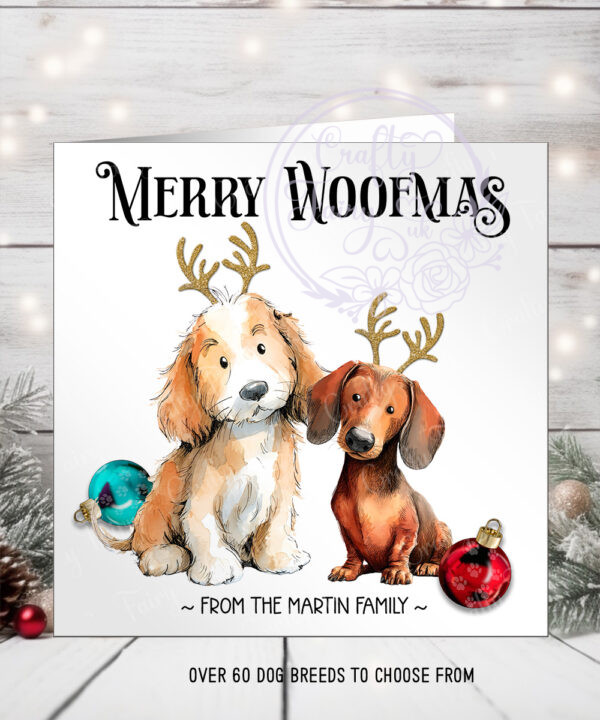 personalised doodle dog with antlers and baubles christmas card lots of dog breeds