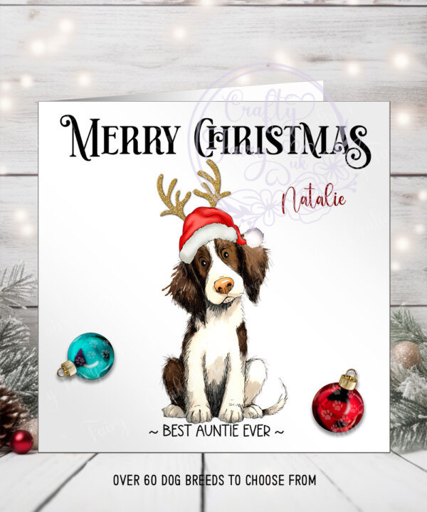 personalised doodle dog with antlers and baubles christmas card lots of dog breeds