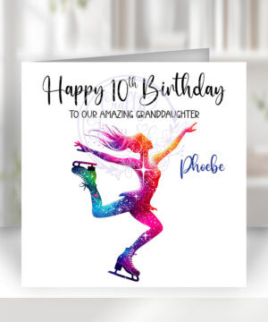 personalised watercolour colourful female ice skater birthday card