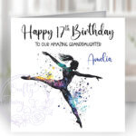 personalised watercolour female dancer gymnast birthday card