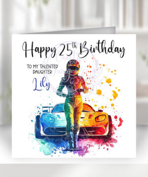 3053 personalised female racing car driver birthday card 1