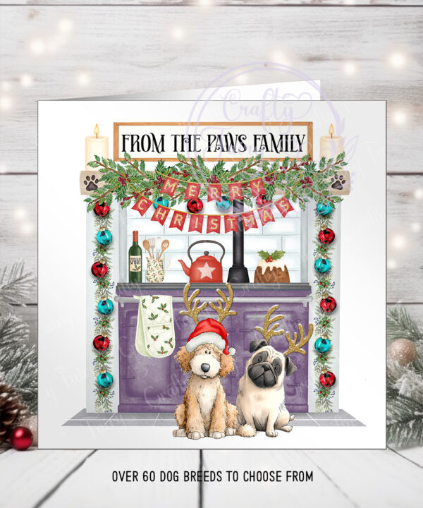 personalised doodle dog in kitchen christmas card lots of dog breeds