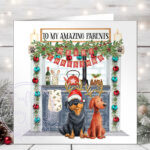 personalised doodle dog in kitchen christmas card lots of dog breeds