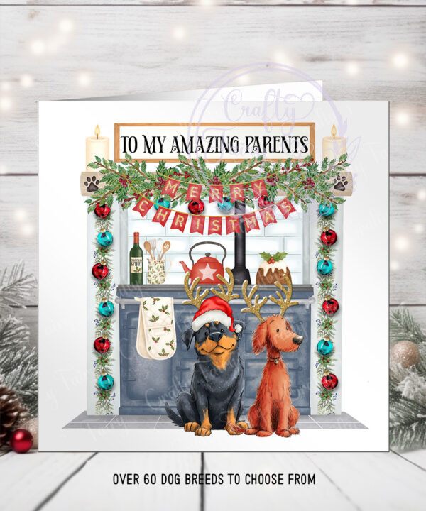 personalised doodle dog in kitchen christmas card lots of dog breeds