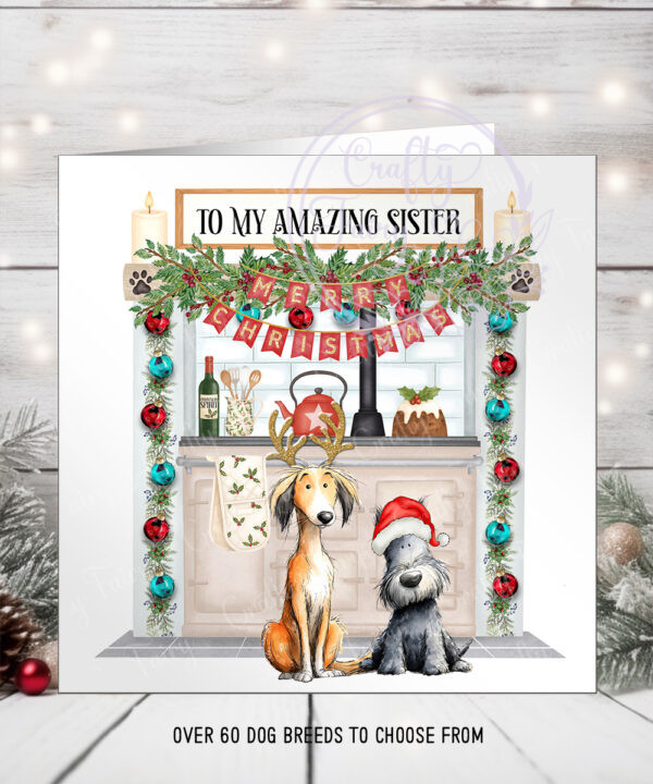 personalised doodle dog in kitchen christmas card lots of dog breeds