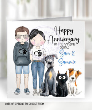 personalised doodle dog & cat owner couple & flowers card lots of breeds (copy)