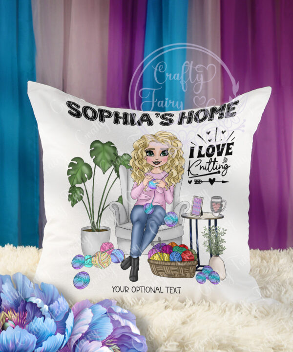 3159 personalised knitting lady cushion 1
