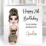 personalised lady in gold dress 17th 21st etc birthday card