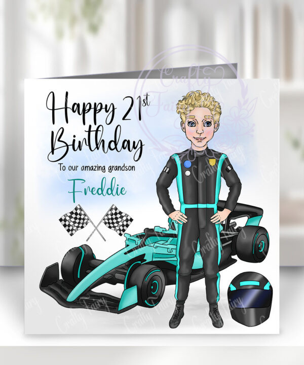 personalised formula 1 black/turquoise racing car fan birthday or father's day card