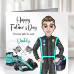 personalised formula 1 black/turquoise racing car fan's birthday or father's day card