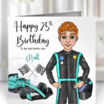 personalised formula 1 black/turquoise racing car fan's birthday or father's day card