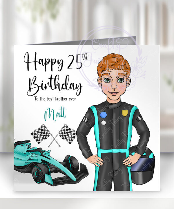 personalised formula 1 black/turquoise racing car fan's birthday or father's day card