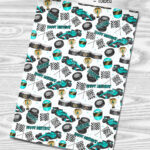 personalised formula 1 black/turquoise racing car fan's birthday or father's day card