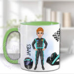 personalised formula 1 black/turquoise racing car fan's mug
