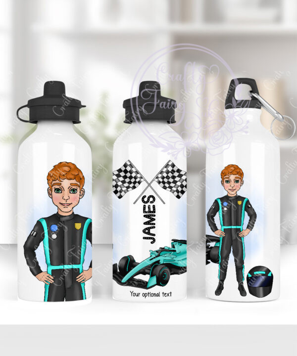 personalised formula 1 black/turquoise racing car fan 600ml water bottle