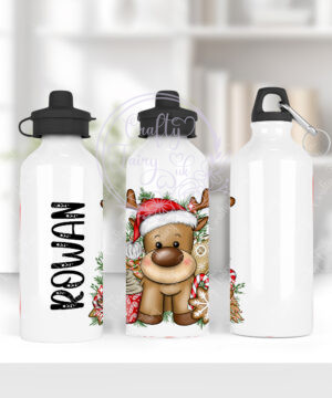personalised reindeer in red santa hat christmas 600ml water bottle