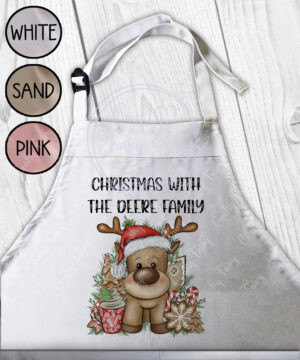 personalised reindeer in red santa hat christmas apron