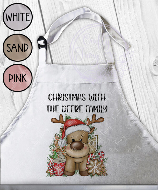 personalised reindeer in red santa hat christmas apron