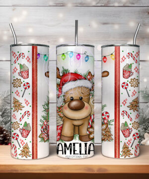 personalised reindeer in santa hat christmas 600ml 20oz straight tumbler