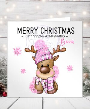 3225 personalised pink reindeer christmas card 1