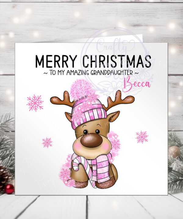 3225 personalised pink reindeer christmas card 1