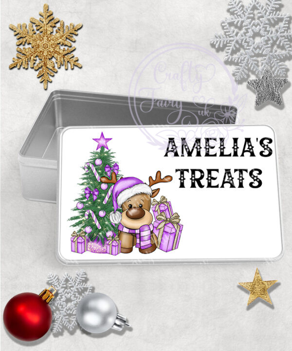 personalised reindeer lilac purple santa christmas tin 3 size options