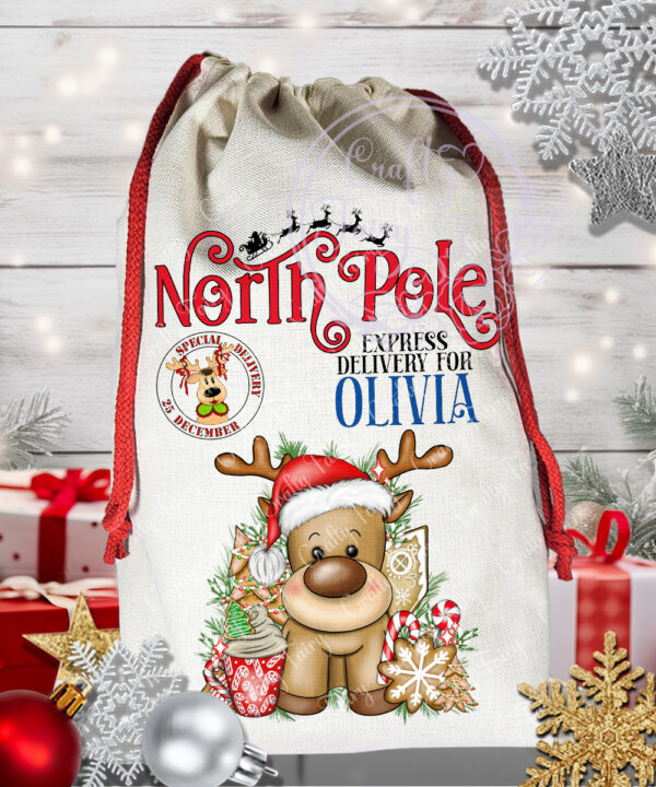 personalised reindeer in red santa hat christmas santa sack