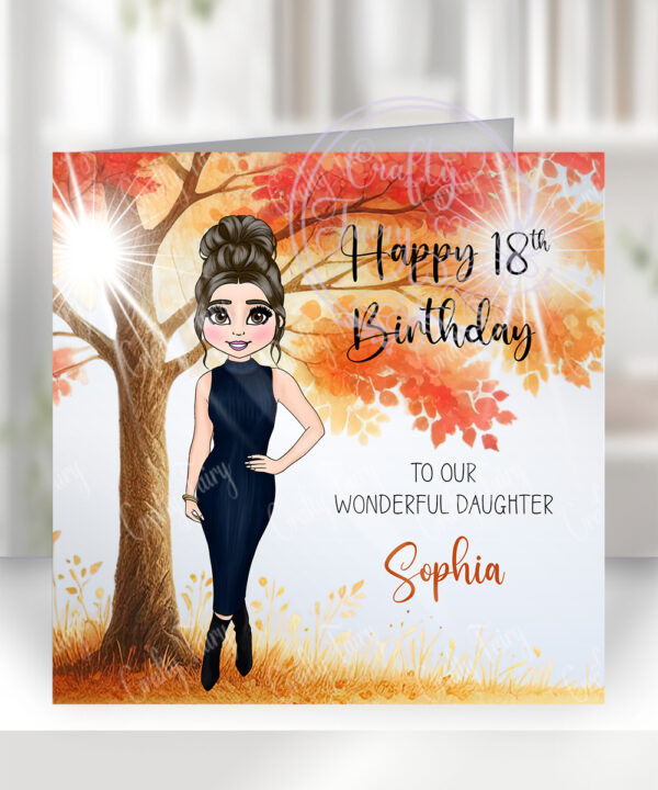personalised lady in knitted dress autumnal birthday card