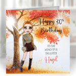 personalised lady in fur cuffs top & mini autumnal birthday card