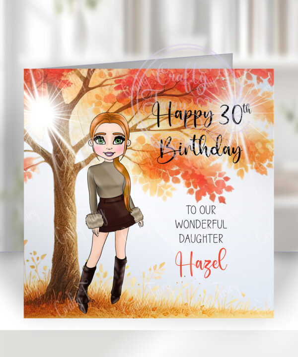 personalised lady in fur cuffs top & mini autumnal birthday card