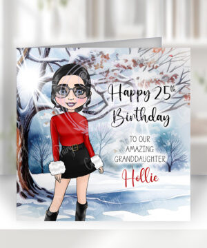 personalised lady in fur cuffs red top & mini winter snow birthday card