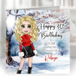 personalised lady in fur cuffs red top & mini winter snow birthday card