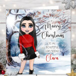personalised lady in fur cuffs red top & mini winter snow christmas tree