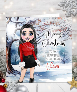 personalised lady in fur cuffs red top & mini winter snow christmas tree