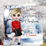 personalised lady in fur cuffs red top & mini winter snow christmas tree