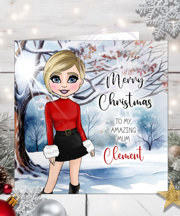 personalised lady in fur cuffs red top & mini winter snow christmas tree