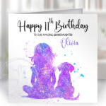 personalised watercolour splatter girl & puppy birthday card