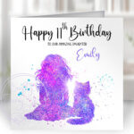 personalised watercolour splatter girl & cat birthday card