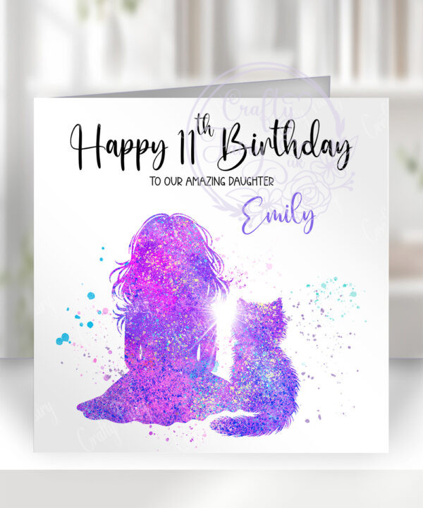 personalised watercolour splatter girl & cat birthday card