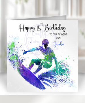 personalised watercolour colourful splash surfer boy birthday card
