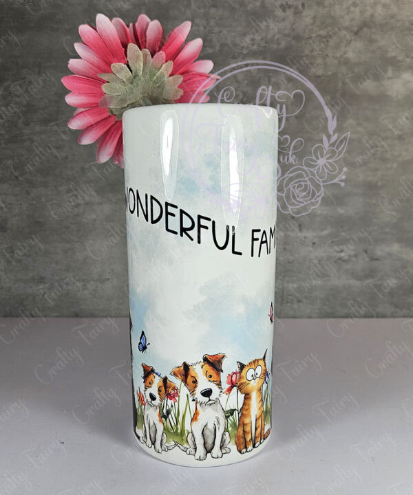 personalised doodle dog cat family girl boy tall ceramic flower vase lots of breeds