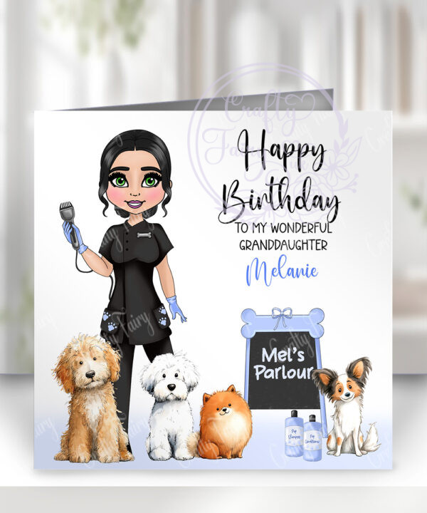 personalised dog groomer lady birthday greetings card