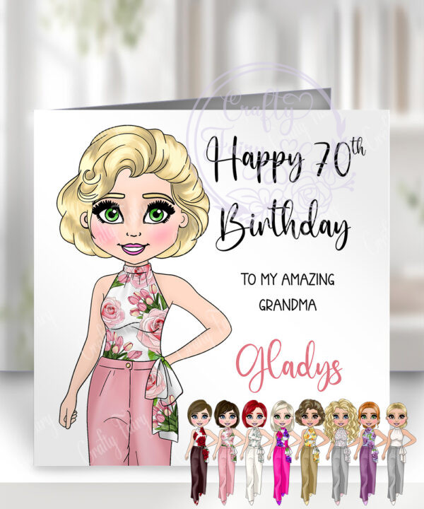 personalised elegant lady in formal trouser suit 30th 40th 50th 60th 70th birthday card