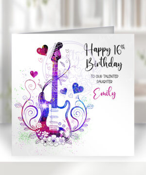 personalised watercolour colourful splash guitar birthday card