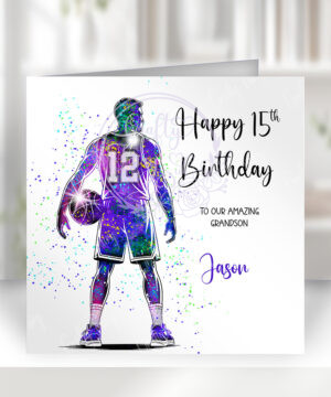 personalised colourful watercolour basketball player man birthday or congratulations card