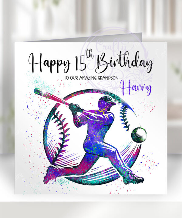 personalised colourful watercolour baseball player man birthday or congratulations card